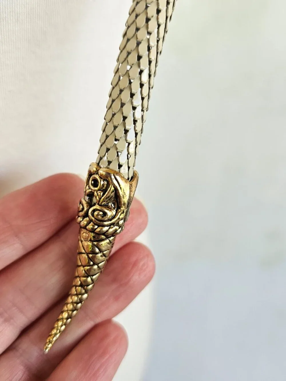 70s 80s Dl Auld Vintage Designer Cream Gold Tone Snake Mesh Belt Necklace